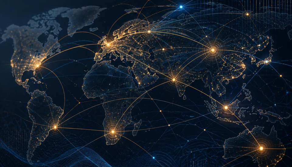 Illustration representing a multi-market Go-to-Market strategy, connecting global expansion, localized marketing, customer acquisition, and business growth across different regions.